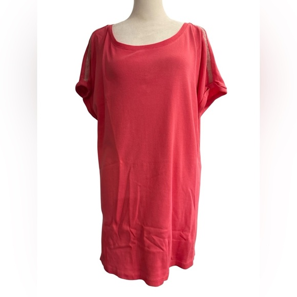 Chicos Women’s Tunic Length Tee with Silver Shoulder Embellishments Pink - Picture 1 of 2